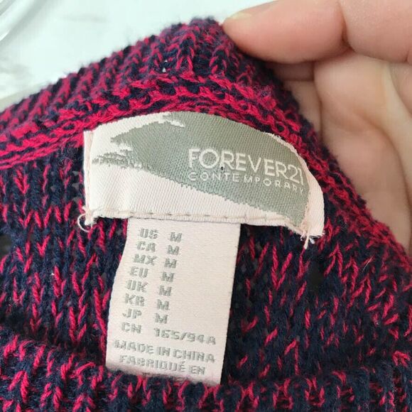 Forever 21 Women's Long Sleeve Sweater Pink Navy Blue Open Knit Juniors Medium - Picture 6 of 7